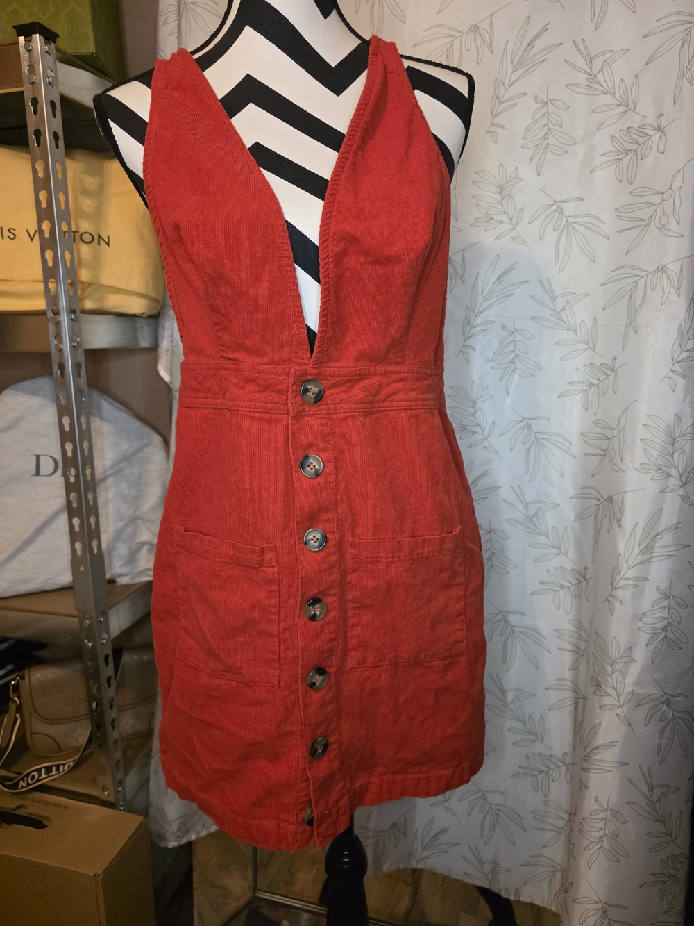 Blue Blush Red Corduroy Pinafore Button-Front Mini Dress